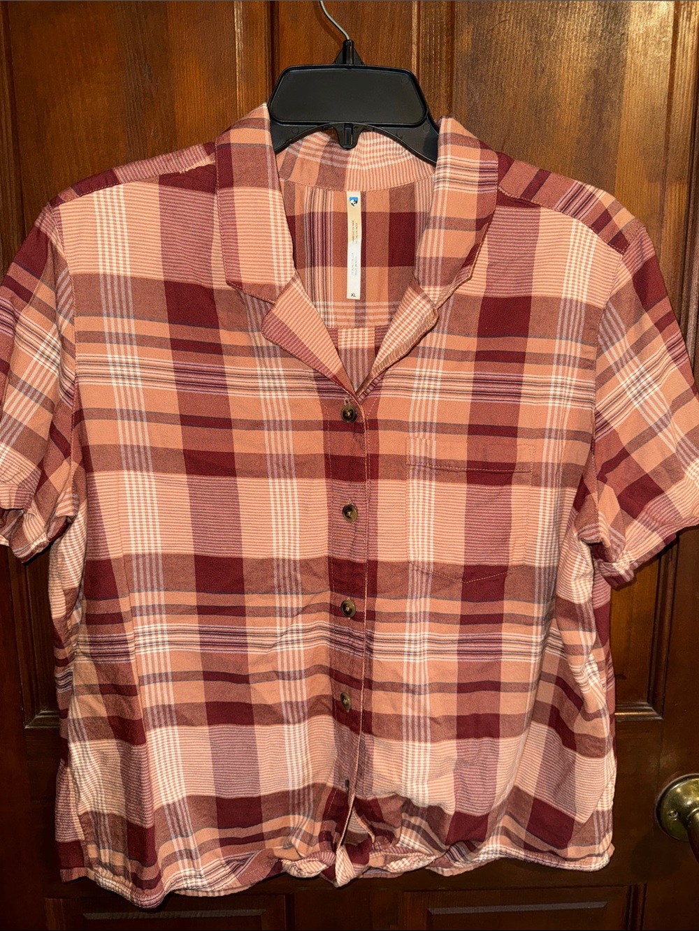 Kuhl Short-Sleeve Plaid Button-Up Blouse in Rose and Burgundy